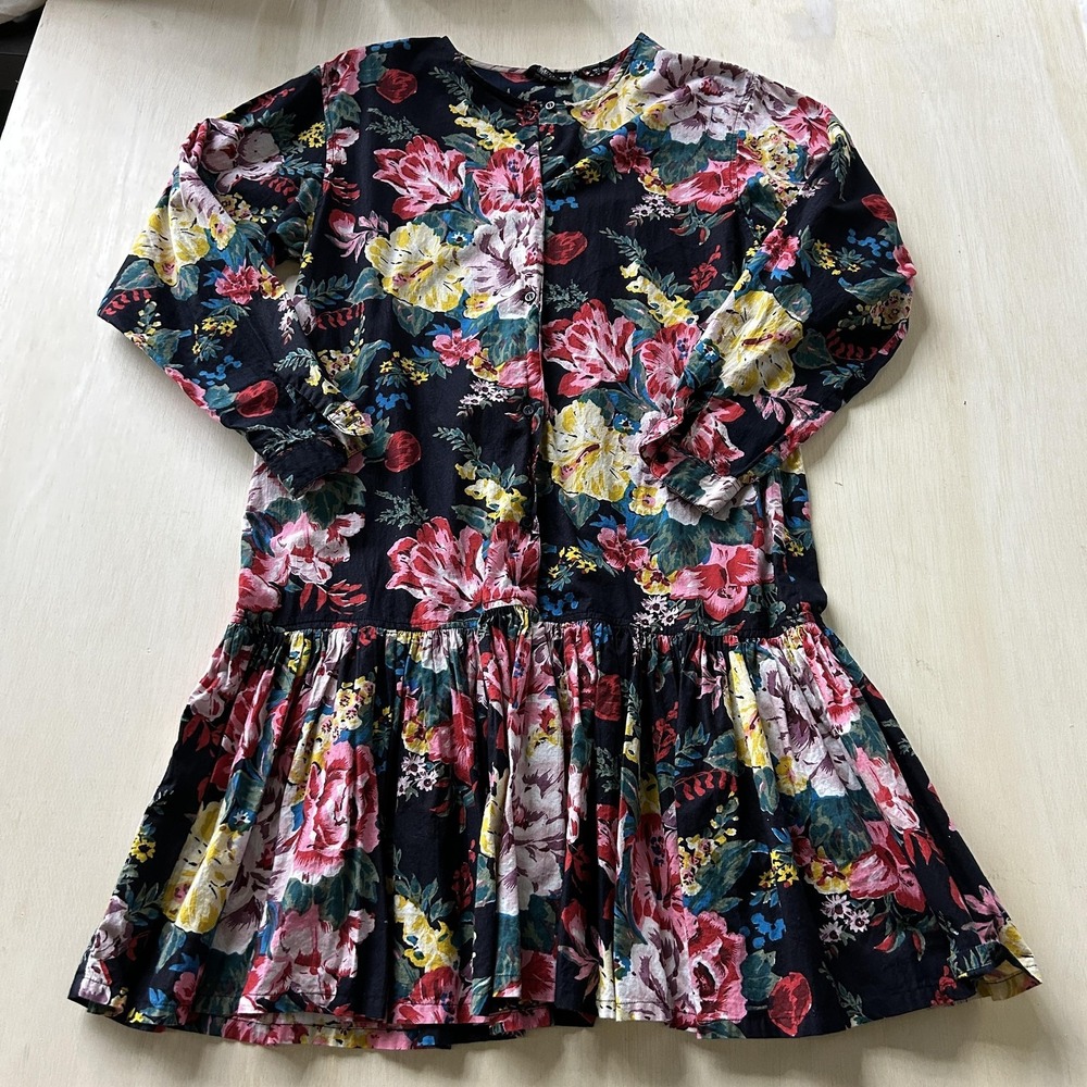 Just Class Shirt Dress Womens Large Black Floral Cotton Button Front Long Sleeve